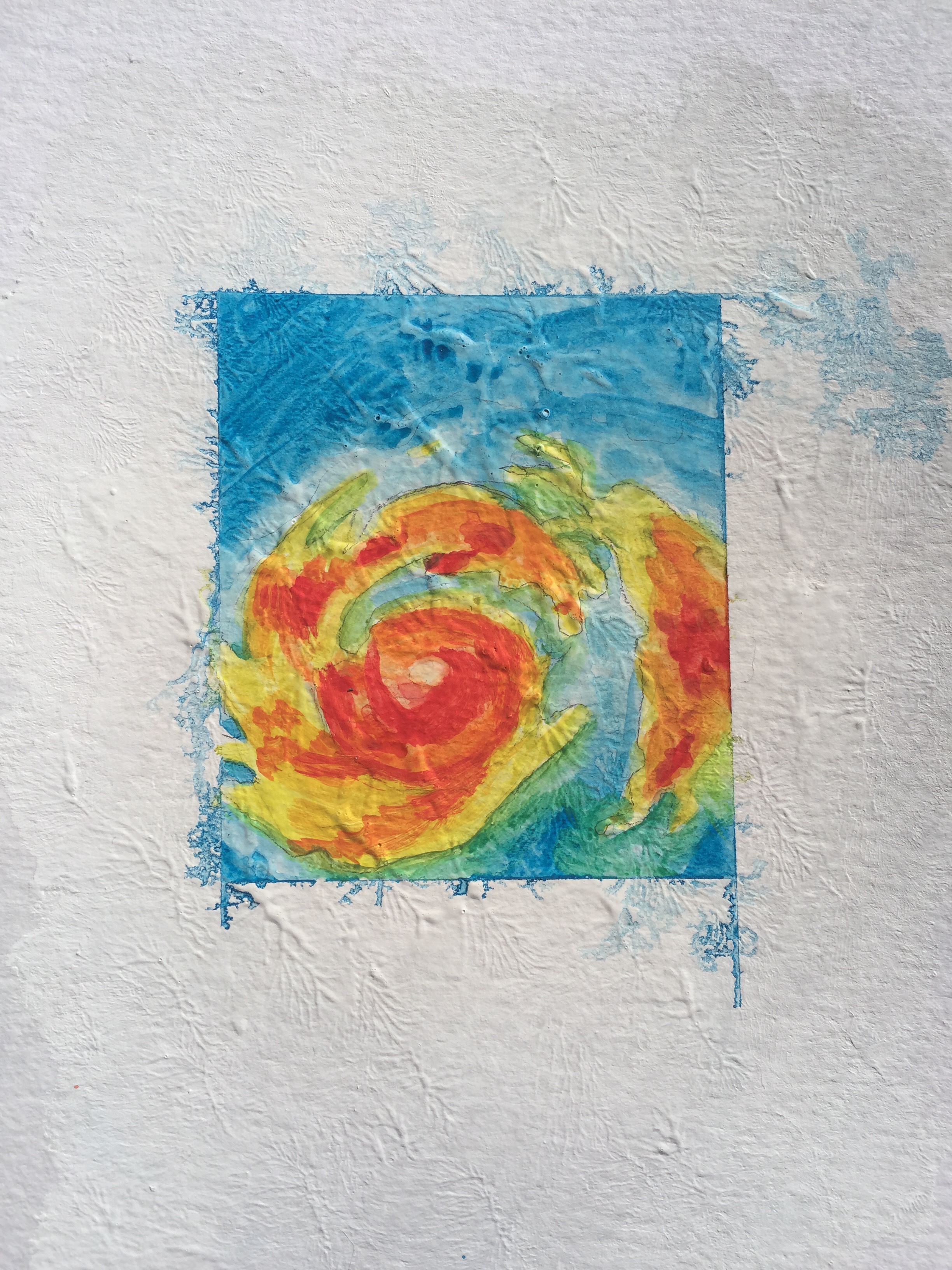 abstract watercolor of a hurricane storm cell teal red and yellow